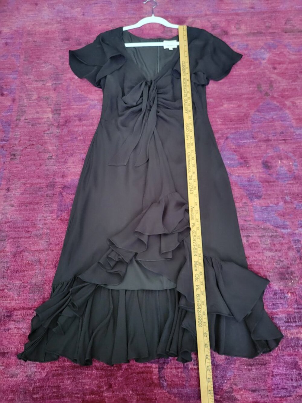 CINQ A SEPT CECIL Black 100% Silk Midi DRESS Flirty Romantic Ruffles Bow Sz 10 - Picture 2 of 10